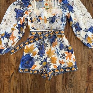 FARM Rio Blue, Orange & Yellow Floral Lace-Trim Romper with Belt.  Med like new